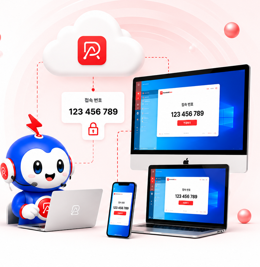 RemoteAll Desk 마스코트와 노트북·모니터·스마트폰에 표시된 접속 번호 123 456 789, 연결된 내 장비 목록
