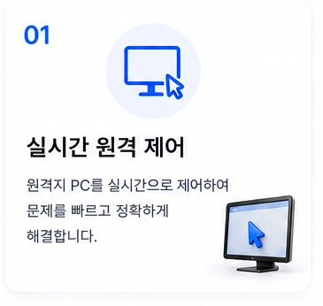 01 실시간 원격 제어 — 원격지 PC를 실시간으로 제어하여 문제를 빠르고 정확하게 해결합니다.
