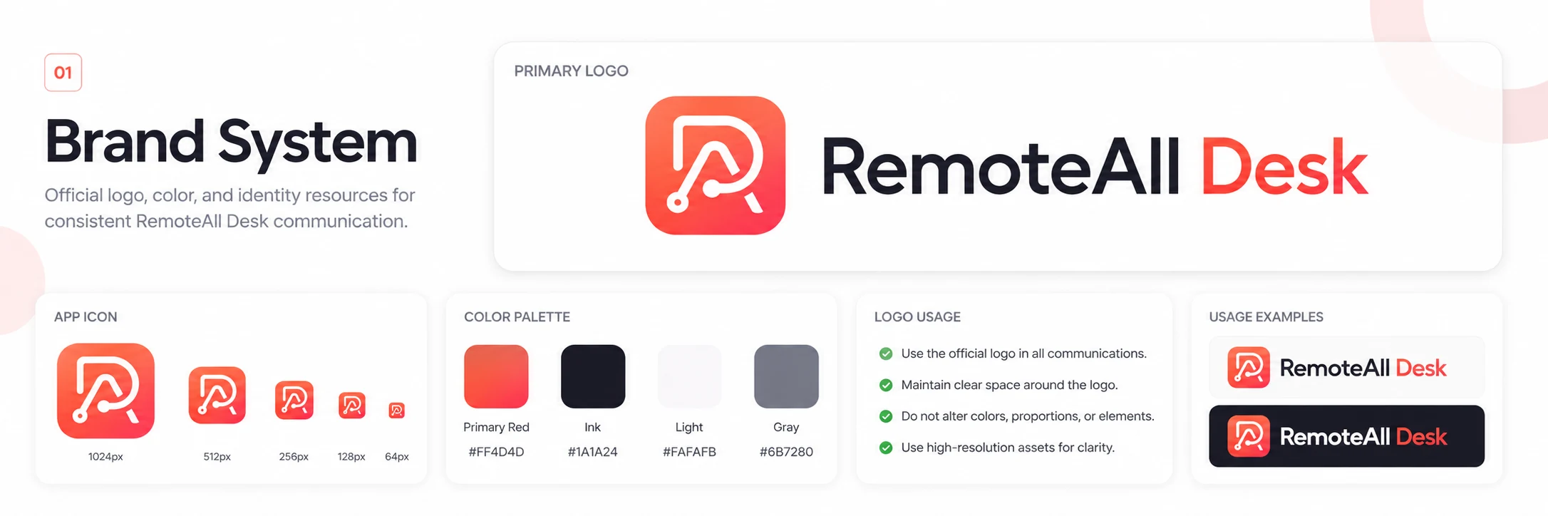 Brand System — primary logo, app icon, color palette and logo usage at a glance