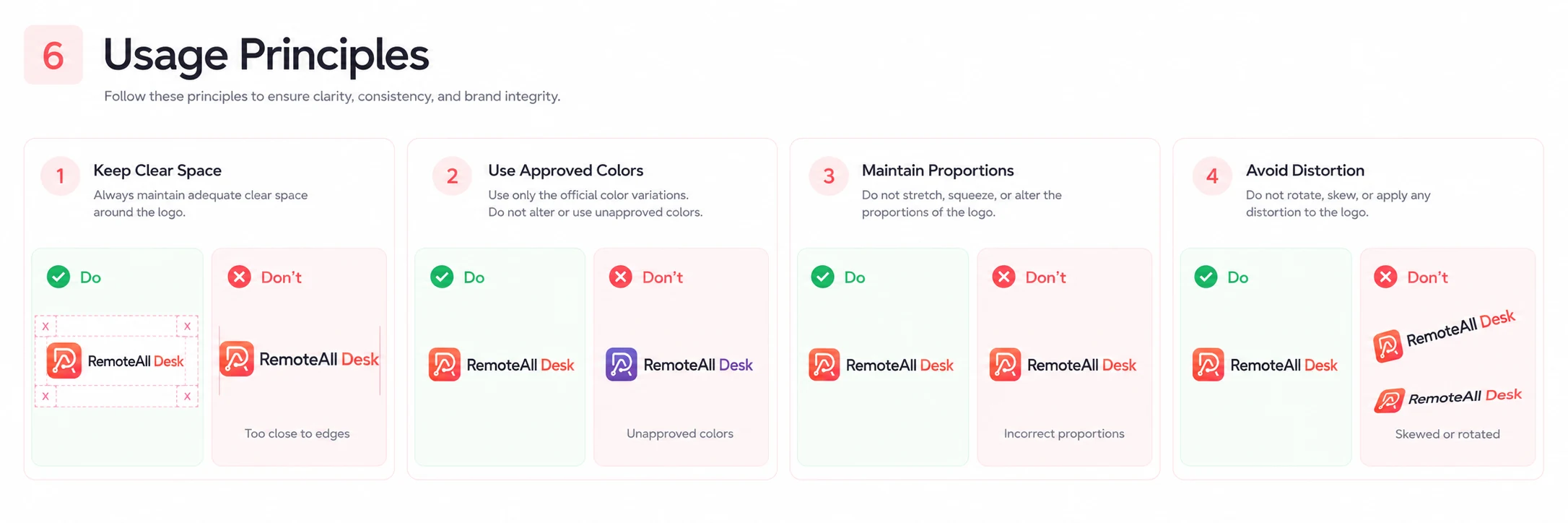 Usage principles — keep clear space, use approved colors, maintain proportions, avoid distortion