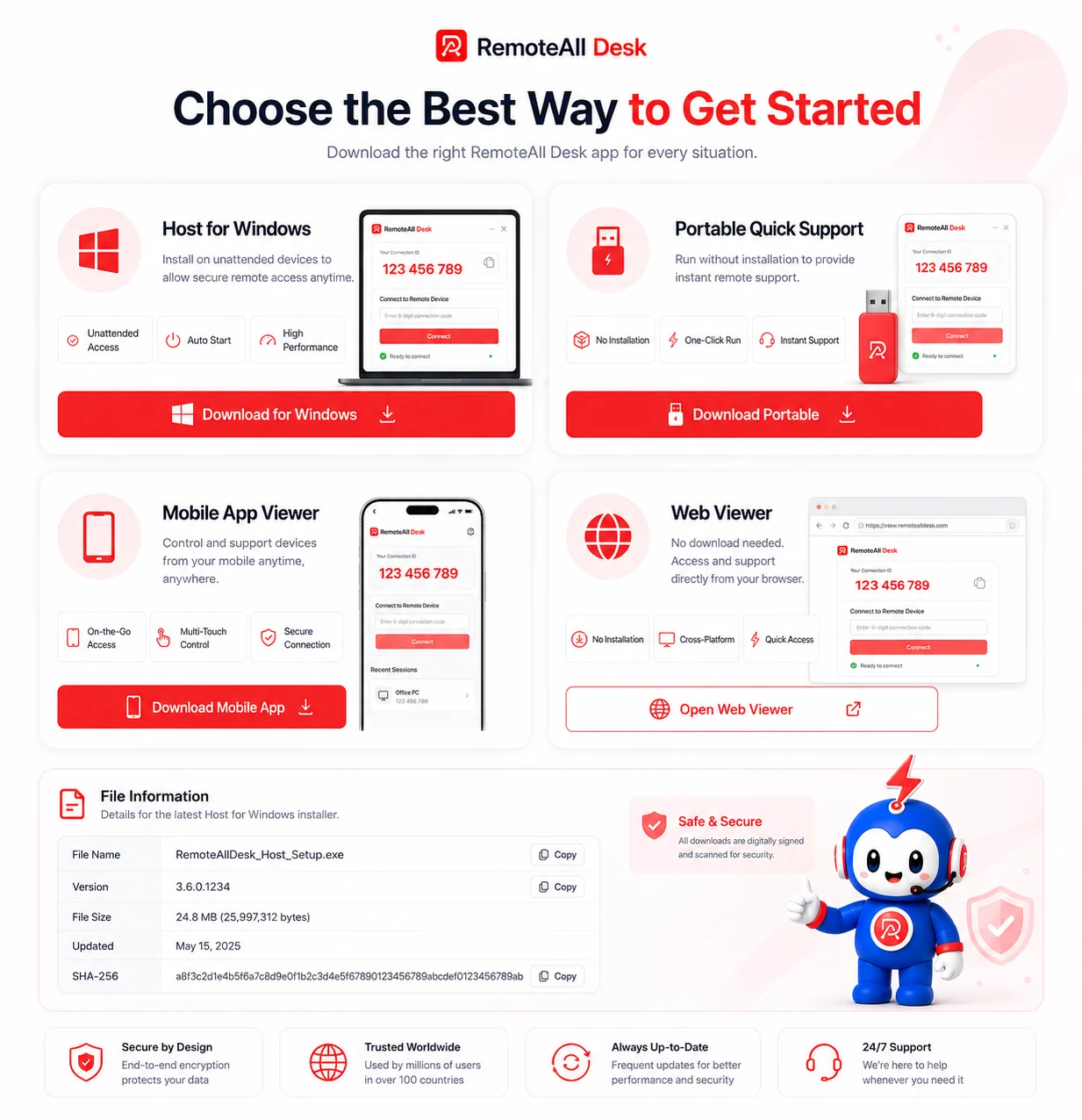 Choose the best download for your environment — Windows Host, Portable Quick Support, Mobile App, Web Viewer, with file information