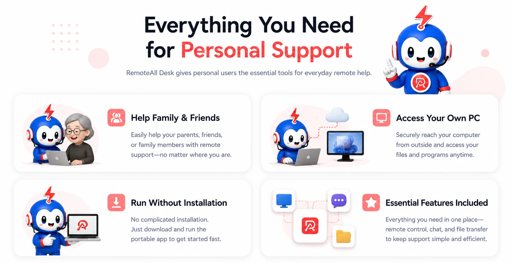 Everything you need for personal support — help family and friends, access your own PC, run without installation, and essential features (remote control, chat, file transfer) included.