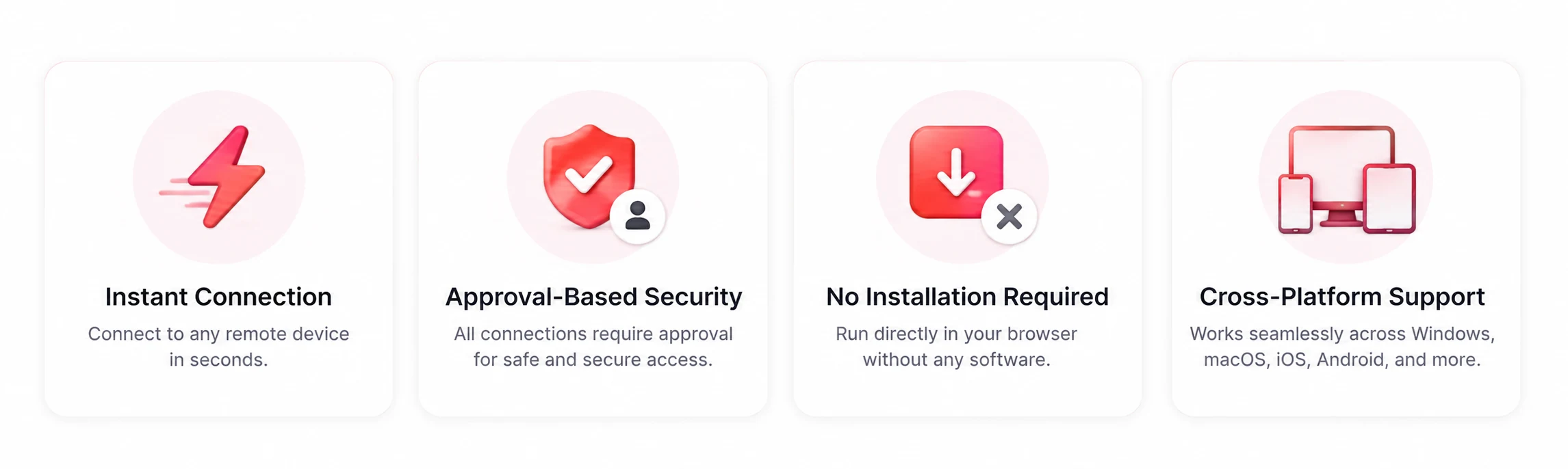 Core values — instant connection, approval-based security, no installation required, cross-platform support