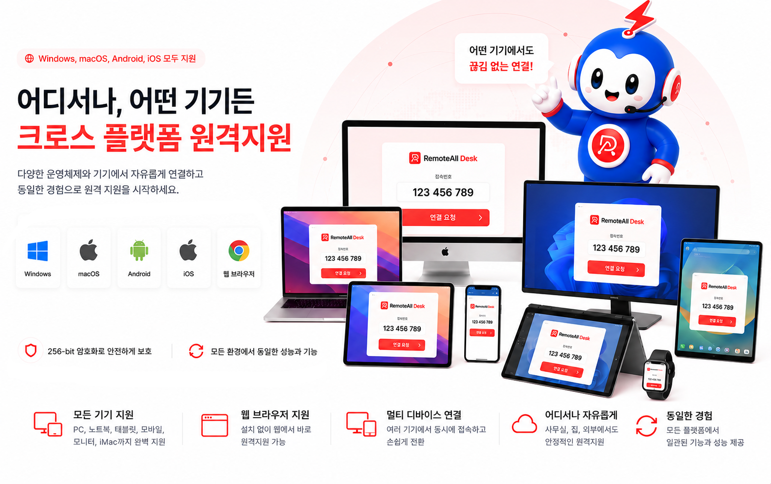 Windows, macOS, Android, iOS 모두 지원하는 크로스 플랫폼 원격지원