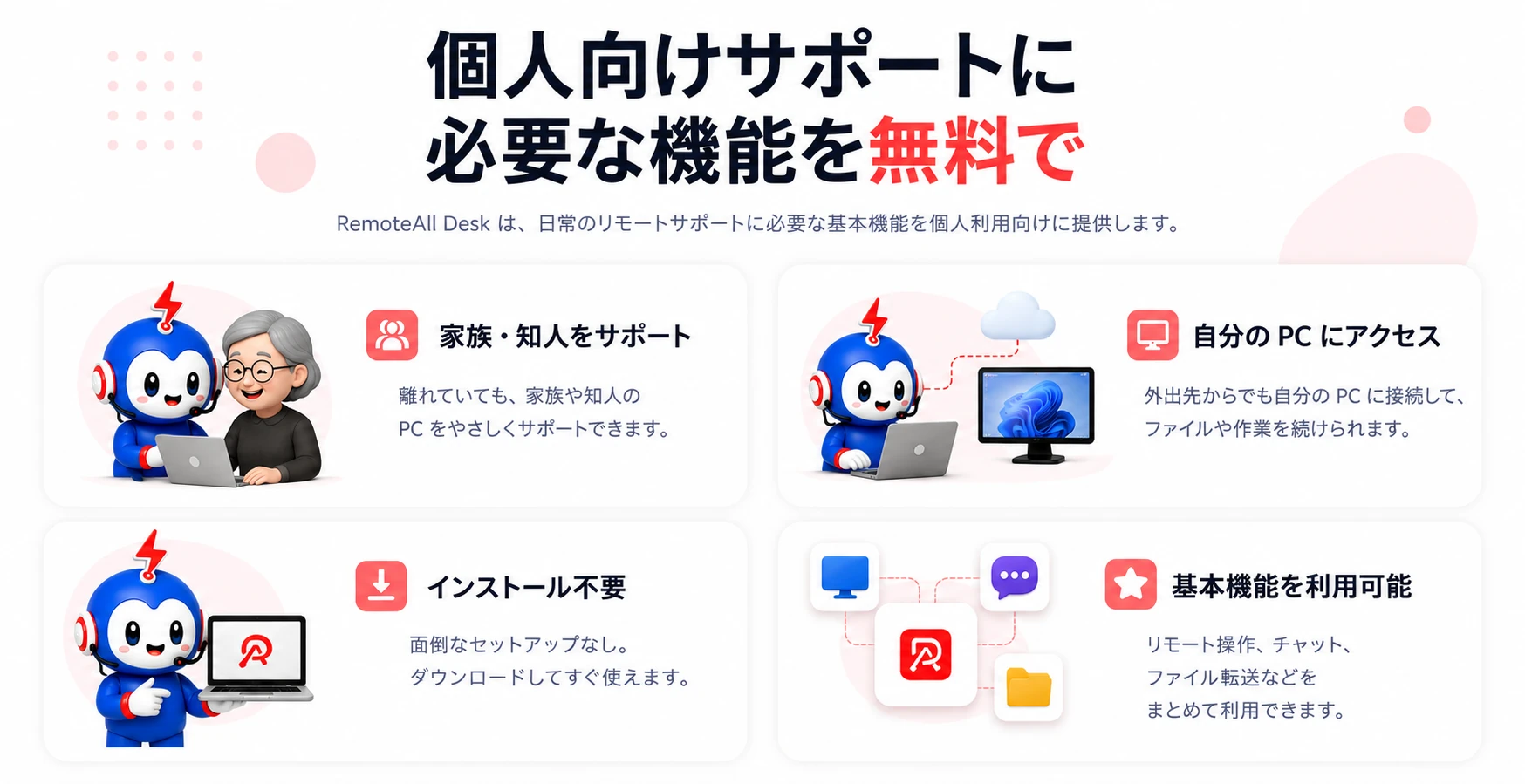 個人向けサポートに必要な機能を無料で — 家族・知人をサポート、自分の PC にアクセス、インストール不要、基本機能（リモート制御・チャット・ファイル転送）を利用可能。