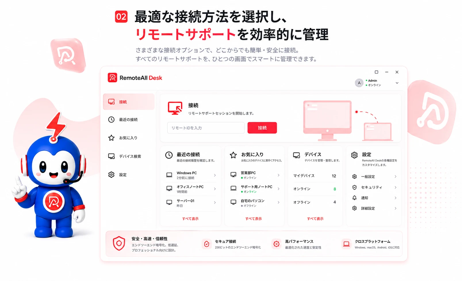 リモートサポートに必要なすべて — アクセス番号から承認まで最初の画面で完結