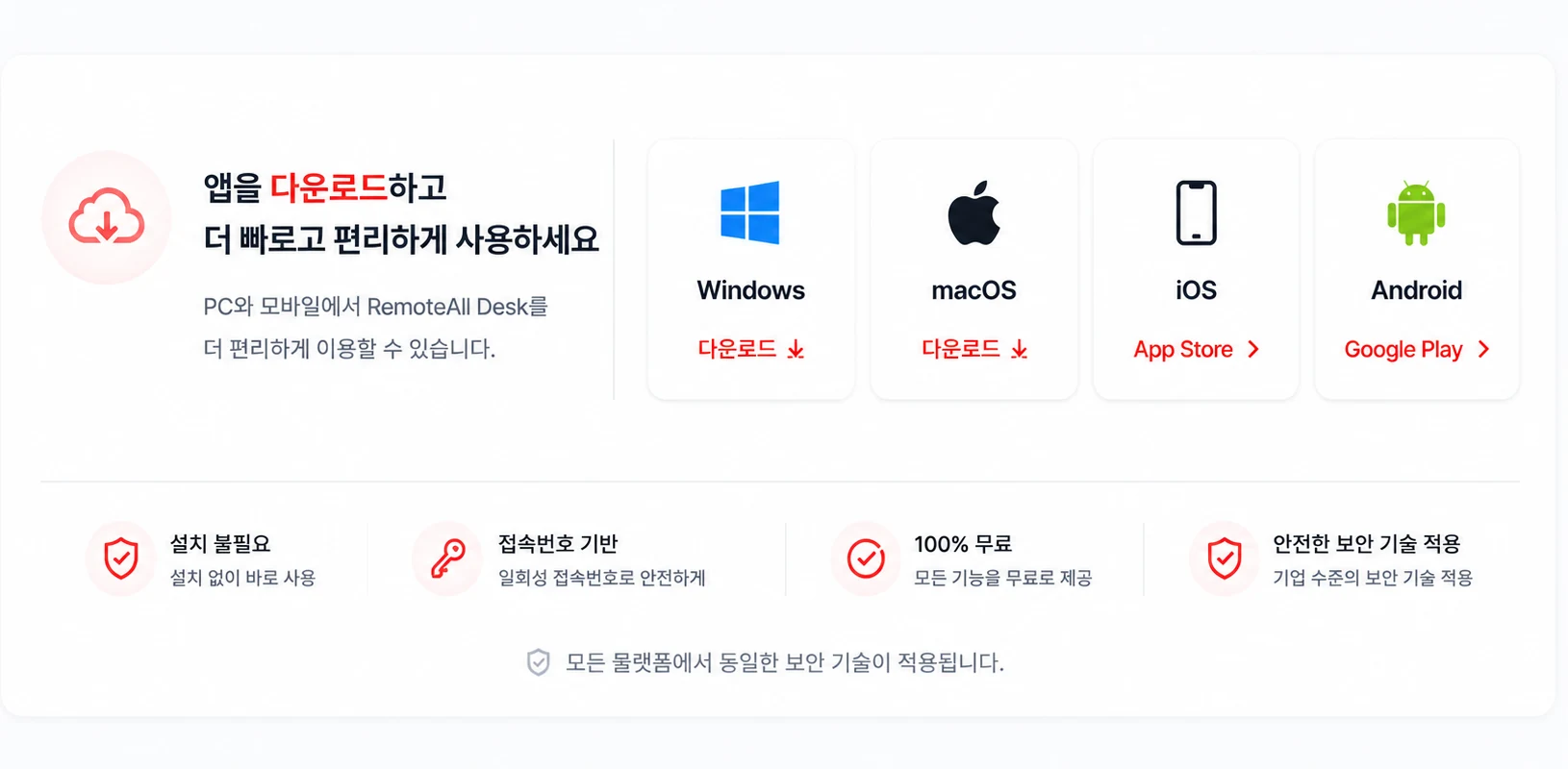 앱을 다운로드하고 더 빠르고 편리하게 사용하세요 — Windows / macOS / iOS / Android 다운로드, 설치 불필요, 접속번호 기반 일회성, 100% 무료, 안전한 보안 기술 적용