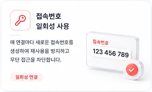 접속번호 일회성 사용 — 매 연결마다 새로운 접속번호를 생성하여 재사용을 방지하고 무단 접근을 차단합니다.