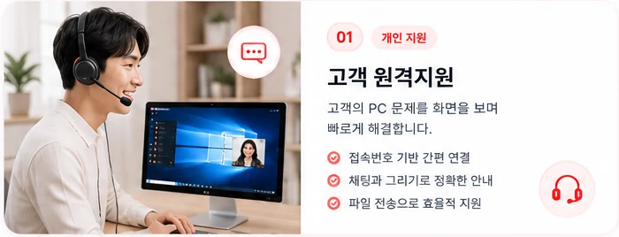 고객 원격지원 (개인 지원) — 고객 PC 문제를 화면을 보며 빠르게 해결. 접속번호 기반 간편 연결, 채팅과 그리기로 정확한 안내, 파일 전송으로 효율적 지원