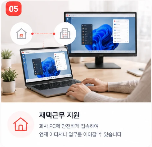 재택근무 지원 — 회사 PC에 안전하게 접속하여 언제 어디서나 업무를 이어갈 수 있습니다